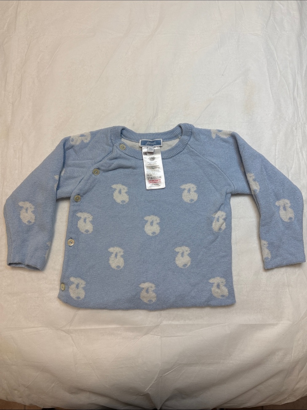 Jacadi Pale Blue Knit Sweater with Cream Bunny Motifs